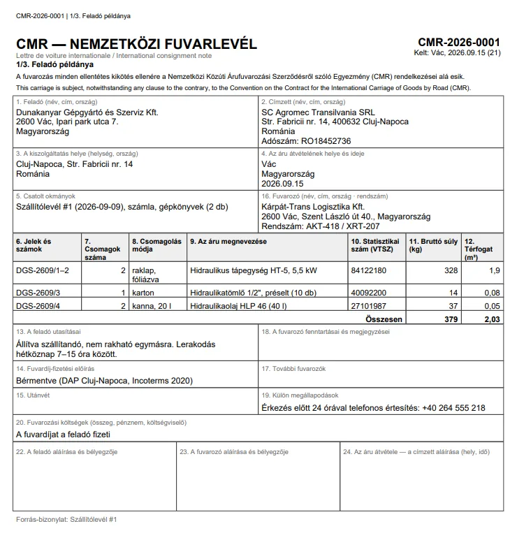 A nextraktárból kiadott CMR fuvarlevél A4-es PDF-je, a feladó példánya: CMR-2026-0001 sorszám, magyar és angol fejléc, a számozott rovatok – feladó, romániai címzett adószámmal, kiszolgáltatási és átvételi hely, csatolt okmányok, fuvarozó rendszámmal –, az árutábla három sorral és összesítővel, a feladó utasításai, a fuvardíj-fizetési előírás, a különleges megállapodások, alul az aláírás-rovatok és a forrás-bizonylat.